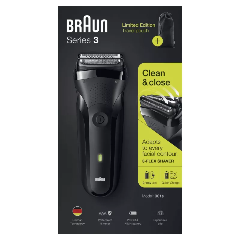 Braun Series 3 301s folijos skutimosi aparatas su trimeriu, juodas