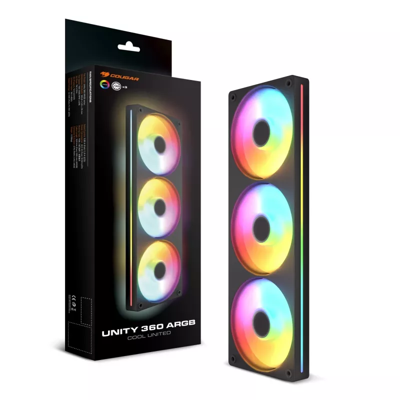 Ventiliatorių rinkinys Cougar Unity360-FB Single-Frame 360 ARGB PWM Forward, 120mm×3, 700–2500 RPM, FDB, 5.4 mmH2O, Juodas