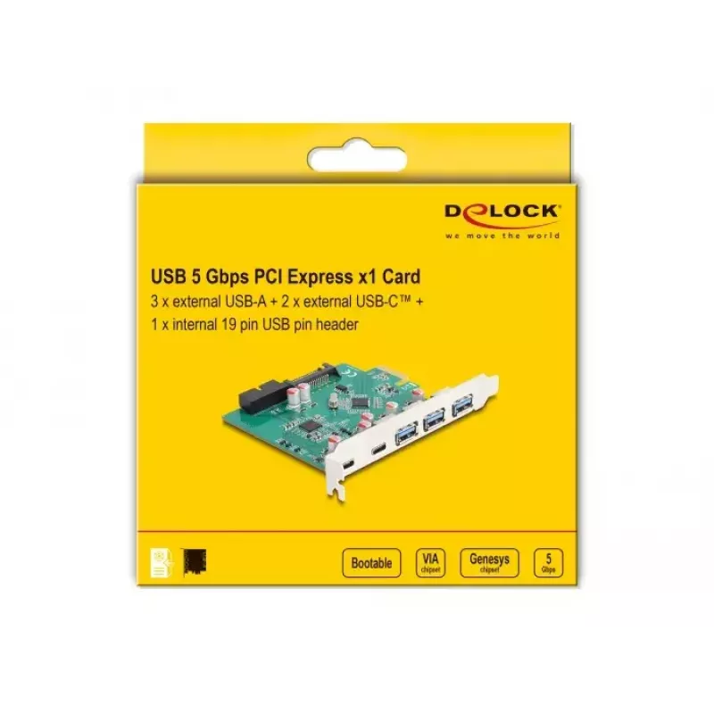 DeLOCK USB 5 Gbps PCI Express x1 kortelė 3x Type-A 2x Type-C 1x Header
