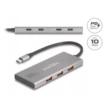 DELOCK USB 3.2 Gen 2 Type-C 7 prievadų šakotuvas (4×Type-C, 3×Type-A) 10 Gbit/s pilkas