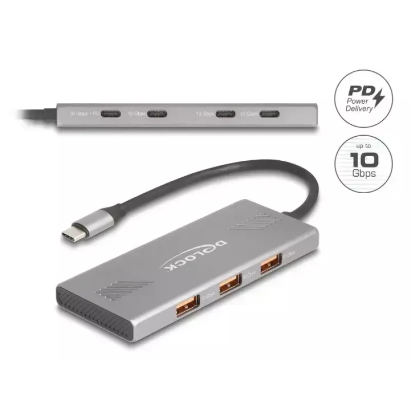 DELOCK USB 3.2 Gen 2 Type-C 7 prievadų šakotuvas (4×Type-C, 3×Type-A) 10 Gbit/s pilkas