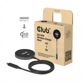 Belaidis įkroviklis CLUB3D CAC-3027 Qi2 25W magnetinis padėklas, su MagSafe suderinamumu, nuolatinės srovės įkroviklis, 1 m laidas, juodas