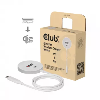 Belaidis įkroviklis club 3D CAC-3026 25W Qi2 magnetinis padėklas, Qi 2.2 MagSafe suderinamas, 1 m kabelis, baltas
