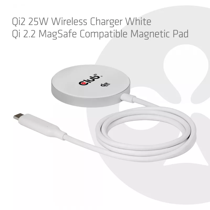 Belaidis įkroviklis club 3D CAC-3026 25W Qi2 magnetinis padėklas, Qi 2.2 MagSafe suderinamas, 1 m kabelis, baltas