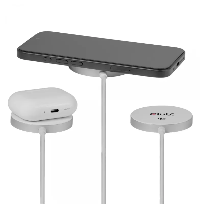 Belaidis įkroviklis club 3D CAC-3026 25W Qi2 magnetinis padėklas, Qi 2.2 MagSafe suderinamas, 1 m kabelis, baltas
