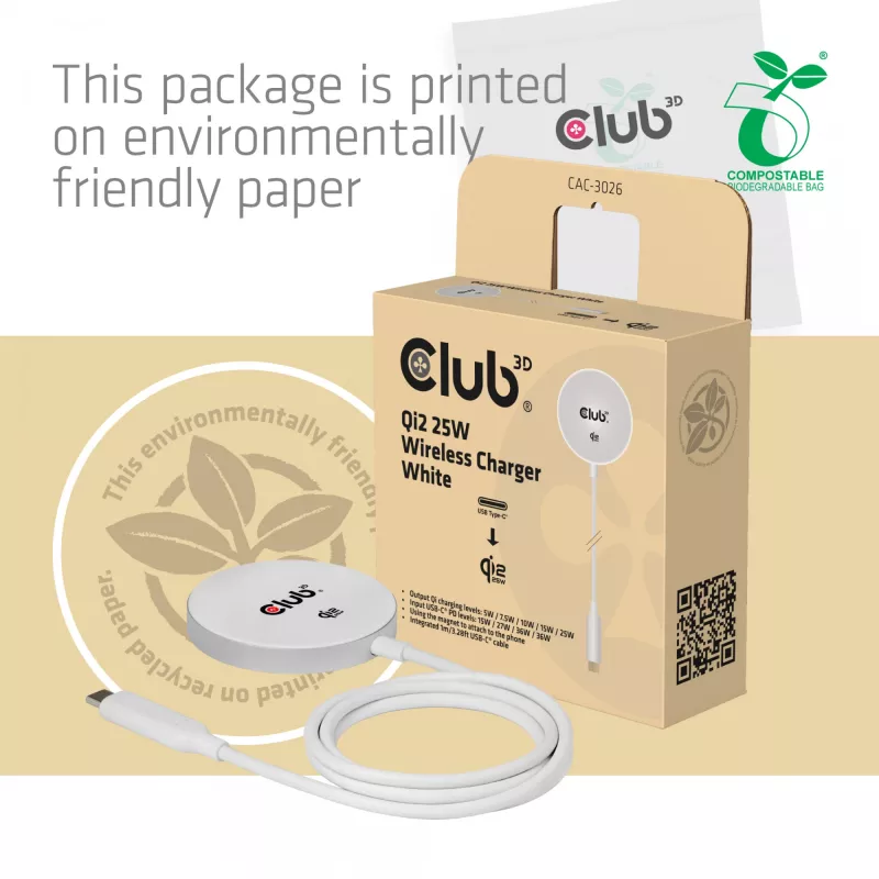 Belaidis įkroviklis club 3D CAC-3026 25W Qi2 magnetinis padėklas, Qi 2.2 MagSafe suderinamas, 1 m kabelis, baltas