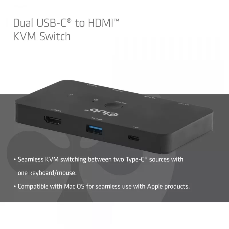 KVM jungiklis Club 3D Dual USB-C į HDMI, 2 prievadai, 4K UHD 3840x2160, USB-C konsolė, 65W PD, juodas