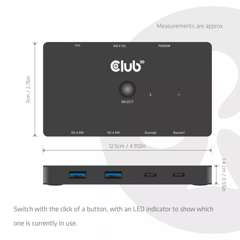 KVM jungiklis Club 3D Dual USB-C į HDMI, 2 prievadai, 4K UHD 3840x2160, USB-C konsolė, 65W PD, juodas