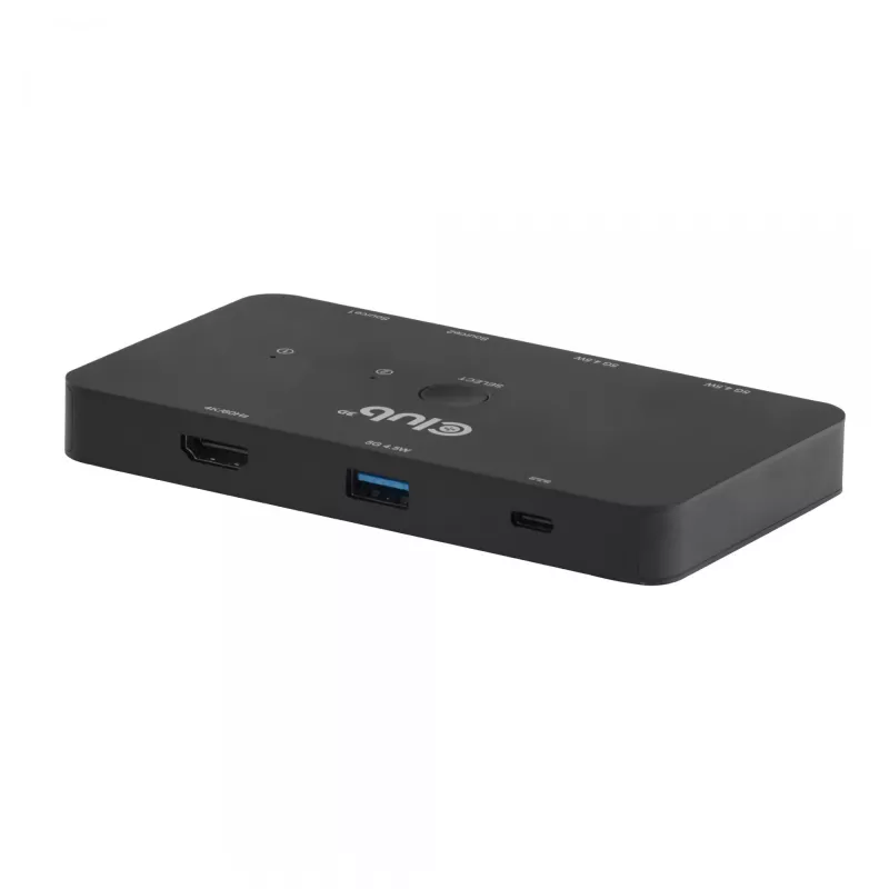 KVM jungiklis Club 3D Dual USB-C į HDMI, 2 prievadai, 4K UHD 3840x2160, USB-C konsolė, 65W PD, juodas