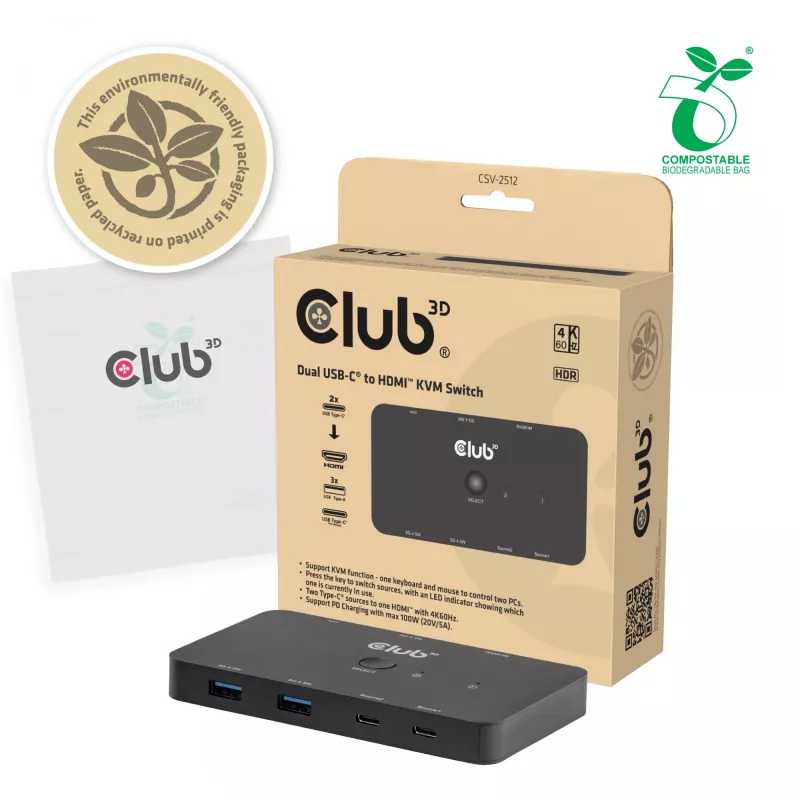 KVM jungiklis Club 3D Dual USB-C į HDMI, 2 prievadai, 4K UHD 3840x2160, USB-C konsolė, 65W PD, juodas