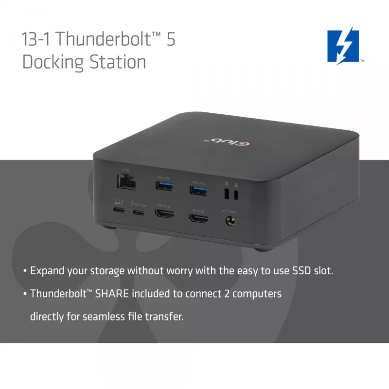 CLUB3D CSV-2562 Thunderbolt 5 dokavimo stotelė, M.2 SSD, 2×HDMI 8K60Hz, 180W, 120 Gbit/s