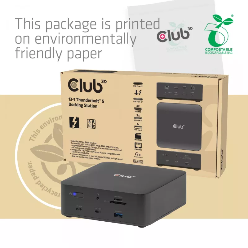 CLUB3D CSV-2562 Thunderbolt 5 dokavimo stotelė, M.2 SSD, 2×HDMI 8K60Hz, 180W, 120 Gbit/s