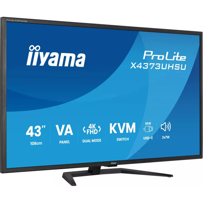 43 colių IIYAMA ProLite X4373UHSU-B2 LED 4K Ultra HD monitorius, 3840×2160, VA skydelis, 3 ms, 450 cd/m², USB 3.2 centras, garsiakalbiai, VESA, juodas