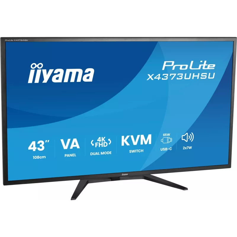43 colių IIYAMA ProLite X4373UHSU-B2 LED 4K Ultra HD monitorius, 3840×2160, VA skydelis, 3 ms, 450 cd/m², USB 3.2 centras, garsiakalbiai, VESA, juodas