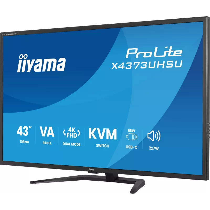 43 colių IIYAMA ProLite X4373UHSU-B2 LED 4K Ultra HD monitorius, 3840×2160, VA skydelis, 3 ms, 450 cd/m², USB 3.2 centras, garsiakalbiai, VESA, juodas