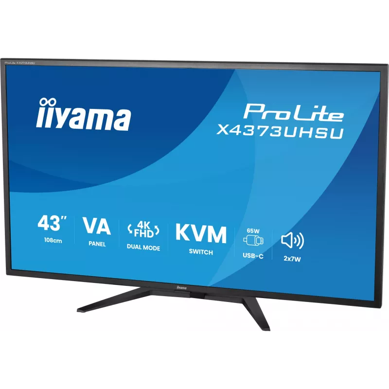 43 colių IIYAMA ProLite X4373UHSU-B2 LED 4K Ultra HD monitorius, 3840×2160, VA skydelis, 3 ms, 450 cd/m², USB 3.2 centras, garsiakalbiai, VESA, juodas