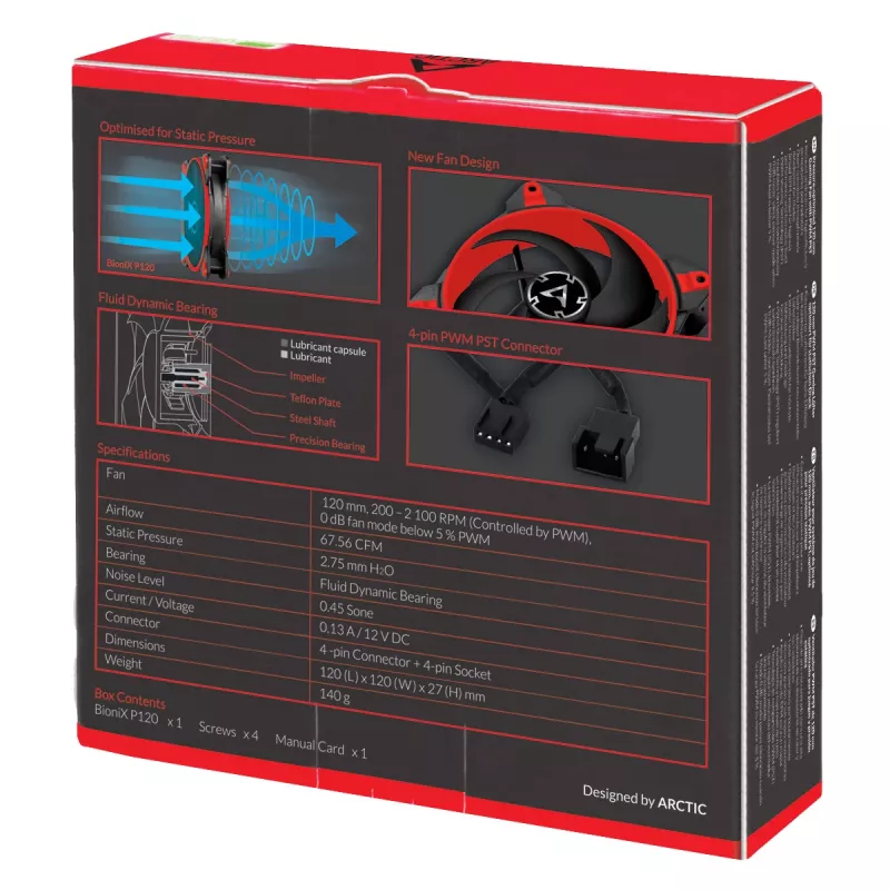 ARCTIC BioniX P120 (Raudona) – Slėgiui optimizuotas 120 mm žaidimų ventiliatorius su PWM PST