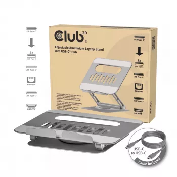CLUB3D reguliuojamas aliumininis stovas nešiojamam kompiuteriui su USB-C® šakotuvu, pilka, 260 mm, 224 mm, 56 mm, 1.76 kg, 315 mm