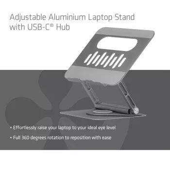 CLUB3D reguliuojamas aliumininis stovas nešiojamam kompiuteriui su USB-C® šakotuvu, pilka, 260 mm, 224 mm, 56 mm, 1.76 kg, 315 mm