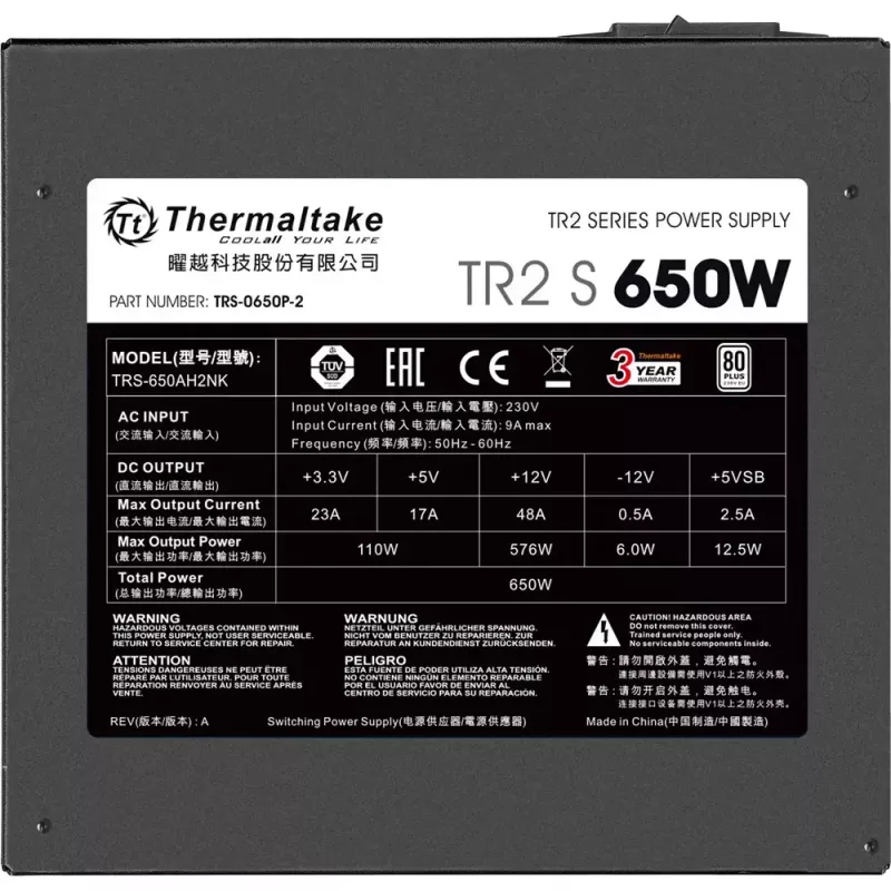 Maitinimo blokas Thermaltake TR2 S 650W — ATX, 20+4 kontaktų, 80 PLUS, 120 mm ventiliatorius, juodas
