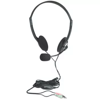 Manhattan Stereo On-Ear ausinės su mikrofonu (3,5 mm), ant galvos, putplasčio pagalvėlės, 2x 3,5 mm lizdai, 2 m laidas, juodos, trejų metų garantija