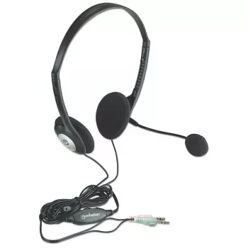 Manhattan Stereo On-Ear ausinės su mikrofonu (3,5 mm), ant galvos, putplasčio pagalvėlės, 2x 3,5 mm lizdai, 2 m laidas, juodos, trejų metų garantija