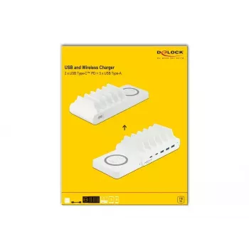 Stacionarus įkroviklis DeLOCK USB ir belaidis įkroviklis 2 x USB Type-C PD + 3 x USB Type-A, 110 W
