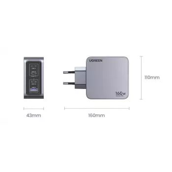 UGREEN Nexode Pro 160W GaN įkroviklis su USB-C laidu, universalus, juodas/pilkas, AC greitasis įkrovimas, vidaus naudojimui