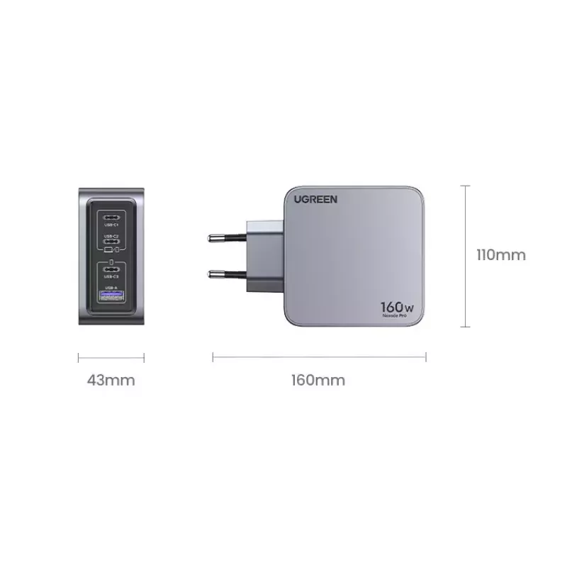 UGREEN Nexode Pro 160W GaN įkroviklis su USB-C laidu, universalus, juodas/pilkas, AC greitasis įkrovimas, vidaus naudojimui