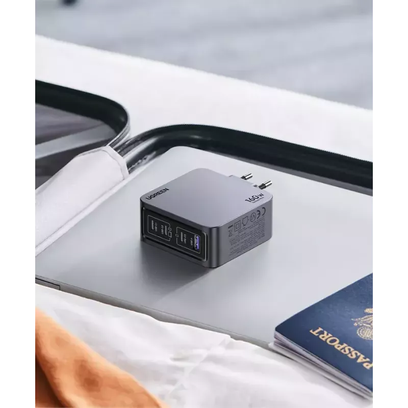 UGREEN Nexode Pro 160W GaN įkroviklis su USB-C laidu, universalus, juodas/pilkas, AC greitasis įkrovimas, vidaus naudojimui