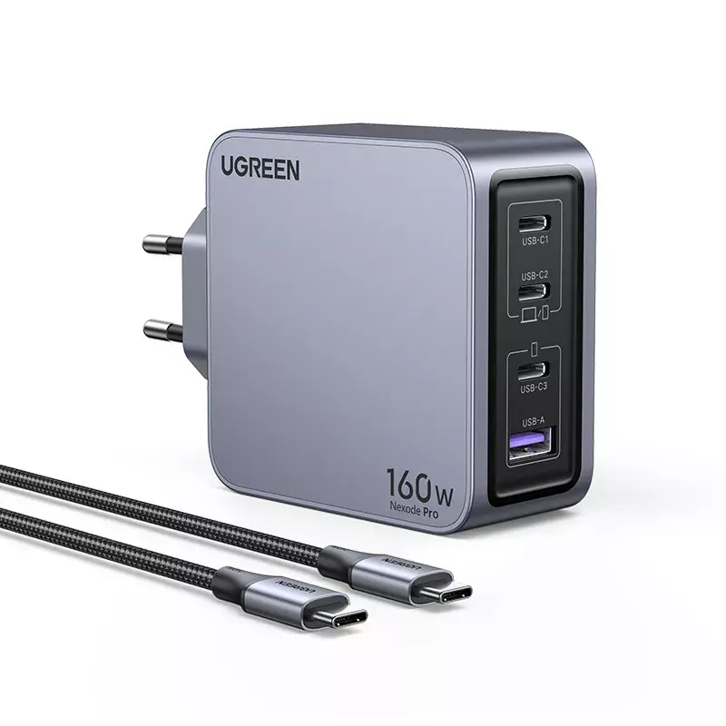 UGREEN Nexode Pro 160W GaN įkroviklis su USB-C laidu, universalus, juodas/pilkas, AC greitasis įkrovimas, vidaus naudojimui