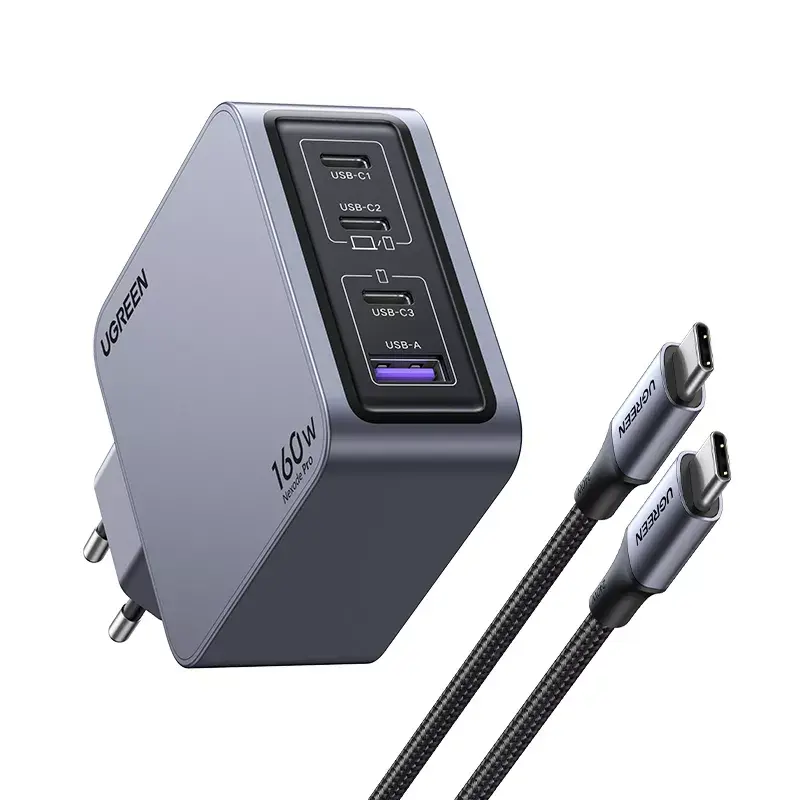 UGREEN Nexode Pro 160W GaN įkroviklis su USB-C laidu, universalus, juodas/pilkas, AC greitasis įkrovimas, vidaus naudojimui