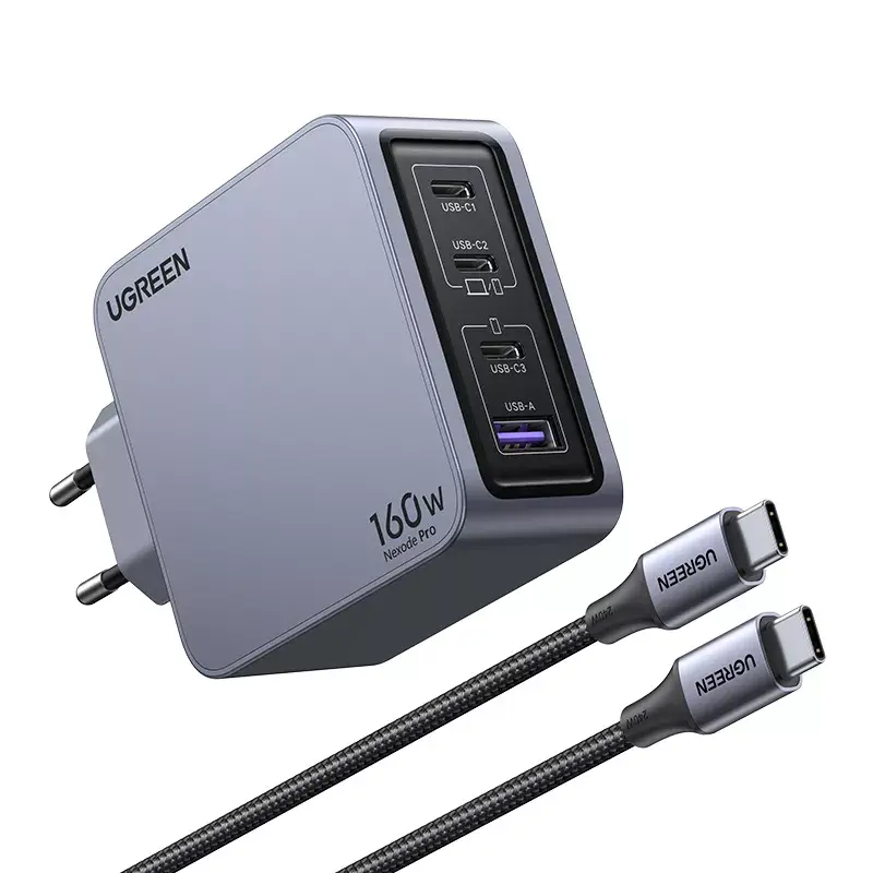 UGREEN Nexode Pro 160W GaN įkroviklis su USB-C laidu, universalus, juodas/pilkas, AC greitasis įkrovimas, vidaus naudojimui