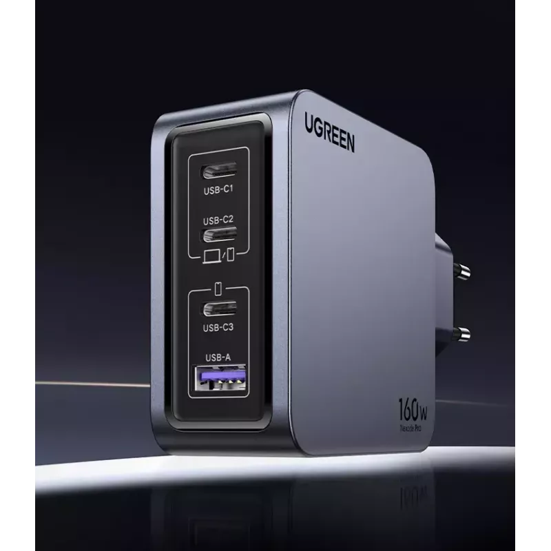 UGREEN Nexode Pro 160W GaN įkroviklis su USB-C laidu, universalus, juodas/pilkas, AC greitasis įkrovimas, vidaus naudojimui