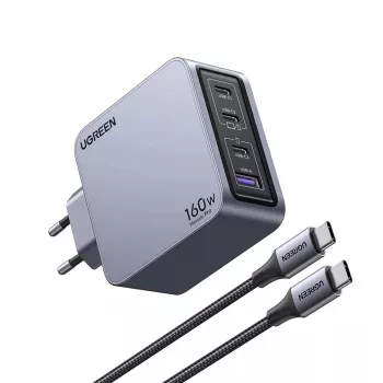 UGREEN Nexode Pro 160W GaN įkroviklis su USB-C laidu, universalus, juodas/pilkas, AC greitasis įkrovimas, vidaus naudojimui