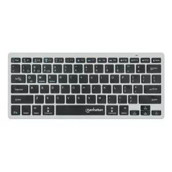 Manhattan Ultra Slim Dual-Mode belaidė klaviatūra, Vokiečių QWERTZ išdėstymas, Bluetooth 3.0 ir 2,4 GHz, 78 žemo profilio žirkliniai klavišai, 10 m diapazonas, USB-A micro imtuvas, AAA baterija (įtraukta), Windows ir Mac, 3 metų garantija
