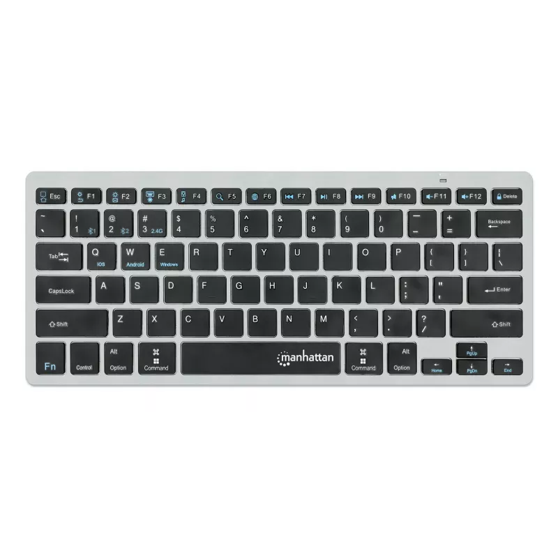 Manhattan Ultra Slim Dual-Mode belaidė klaviatūra, Vokiečių QWERTZ išdėstymas, Bluetooth 3.0 ir 2,4 GHz, 78 žemo profilio žirkliniai klavišai, 10 m diapazonas, USB-A micro imtuvas, AAA baterija (įtraukta), Windows ir Mac, 3 metų garantija
