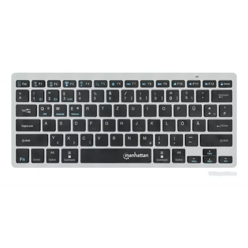 Manhattan Ultra Slim Dual-Mode belaidė klaviatūra, Vokiečių QWERTZ išdėstymas, Bluetooth 3.0 ir 2,4 GHz, 78 žemo profilio žirkliniai klavišai, 10 m diapazonas, USB-A micro imtuvas, AAA baterija (įtraukta), Windows ir Mac, 3 metų garantija