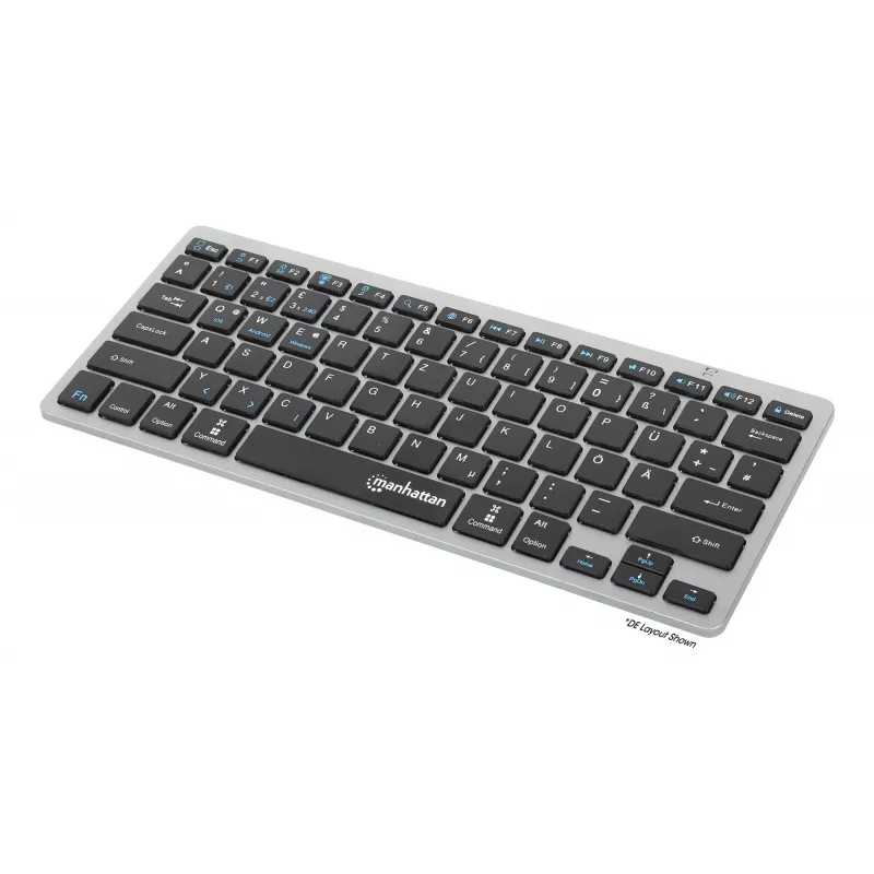 Manhattan Ultra Slim Dual-Mode belaidė klaviatūra, Vokiečių QWERTZ išdėstymas, Bluetooth 3.0 ir 2,4 GHz, 78 žemo profilio žirkliniai klavišai, 10 m diapazonas, USB-A micro imtuvas, AAA baterija (įtraukta), Windows ir Mac, 3 metų garantija