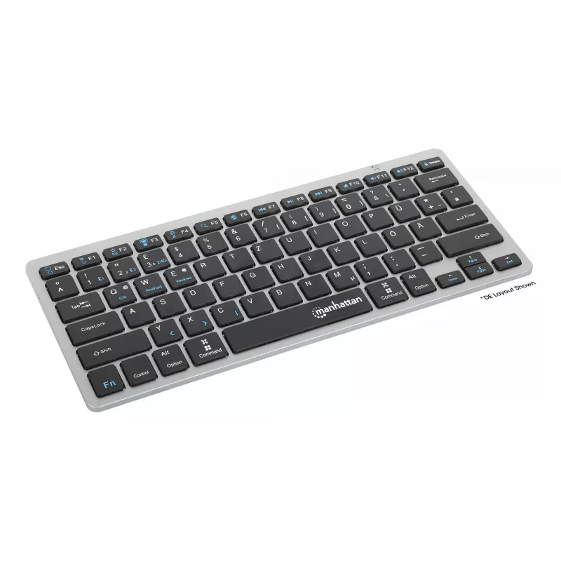 Manhattan Ultra Slim Dual-Mode belaidė klaviatūra, Vokiečių QWERTZ išdėstymas, Bluetooth 3.0 ir 2,4 GHz, 78 žemo profilio žirkliniai klavišai, 10 m diapazonas, USB-A micro imtuvas, AAA baterija (įtraukta), Windows ir Mac, 3 metų garantija