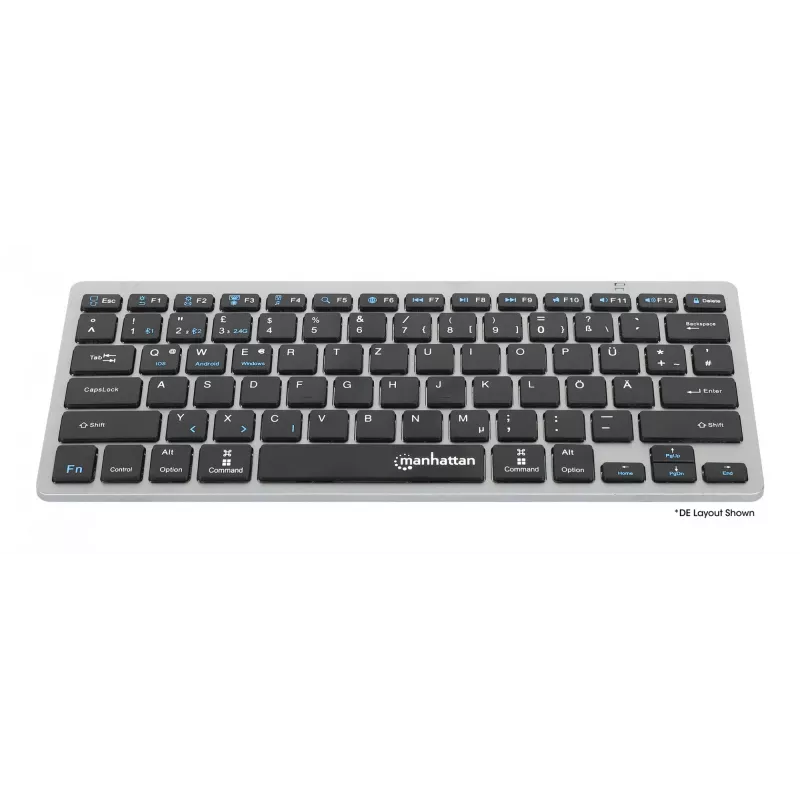 Manhattan Ultra Slim Dual-Mode belaidė klaviatūra, Vokiečių QWERTZ išdėstymas, Bluetooth 3.0 ir 2,4 GHz, 78 žemo profilio žirkliniai klavišai, 10 m diapazonas, USB-A micro imtuvas, AAA baterija (įtraukta), Windows ir Mac, 3 metų garantija