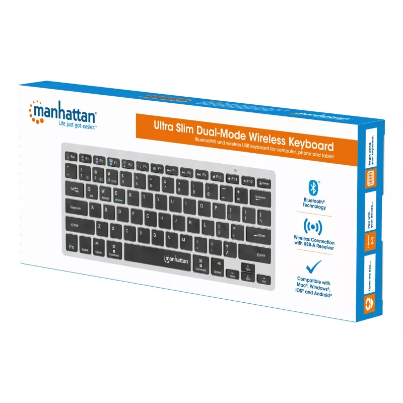 Manhattan Ultra Slim Dual-Mode belaidė klaviatūra, Vokiečių QWERTZ išdėstymas, Bluetooth 3.0 ir 2,4 GHz, 78 žemo profilio žirkliniai klavišai, 10 m diapazonas, USB-A micro imtuvas, AAA baterija (įtraukta), Windows ir Mac, 3 metų garantija