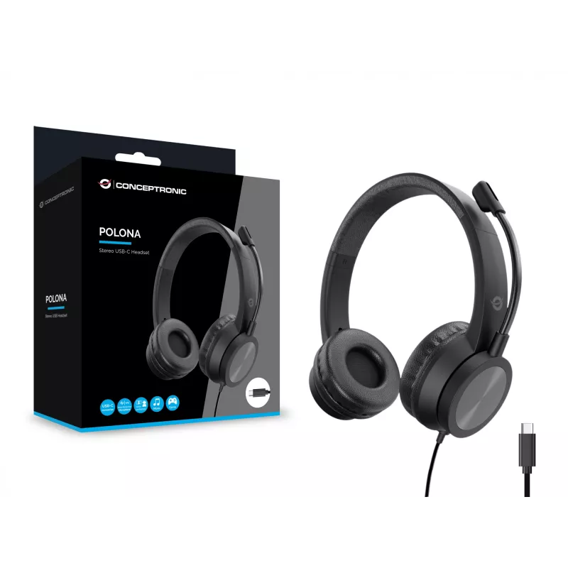 Ausinės CONCEPTRONIC POLONA05BC – Stereo USB-C, triukšmą slopinantis mikrofonas, uždengiančios ausis, 2 m laidas, 20–22000 Hz, juodos