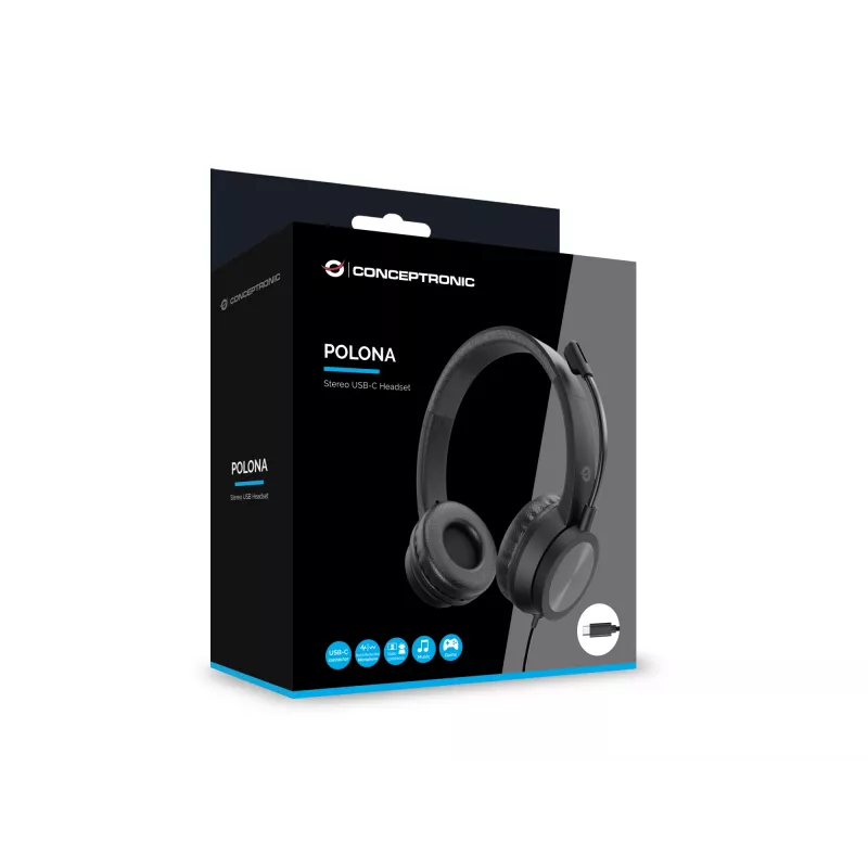 Ausinės CONCEPTRONIC POLONA05BC – Stereo USB-C, triukšmą slopinantis mikrofonas, uždengiančios ausis, 2 m laidas, 20–22000 Hz, juodos