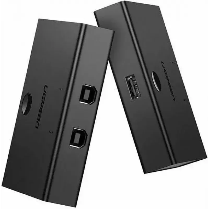 USB daliklis UGREEN UGR423 2x1 juodas – 2 kompiuteriai prie 1 USB įrenginio, mygtuku