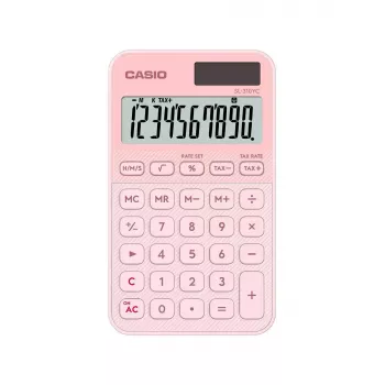 Kišeninis pagrindinis skaičiuotuvas CASIO SL-310YC – 10 skaitmenų, baterija/saulė, mokesčių ir pelno funkcijos, šviesiai rožinis