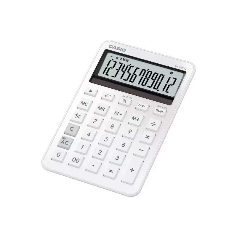 Stalinis skaičiuotuvas CASIO MS-200DQ 12 skaitmenų, baterija/saulė, mokesčių ir pelno funkcijos, baltas