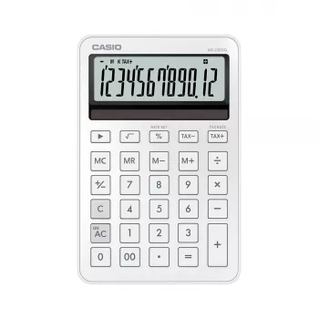 Stalinis skaičiuotuvas CASIO MS-200DQ 12 skaitmenų, baterija/saulė, mokesčių ir pelno funkcijos, baltas