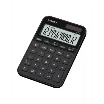 Stalinis skaičiuotuvas CASIO MS-20YC – pagrindinis modelis, baterija/saulė, mokesčių ir pelno skaičiavimai, juodas