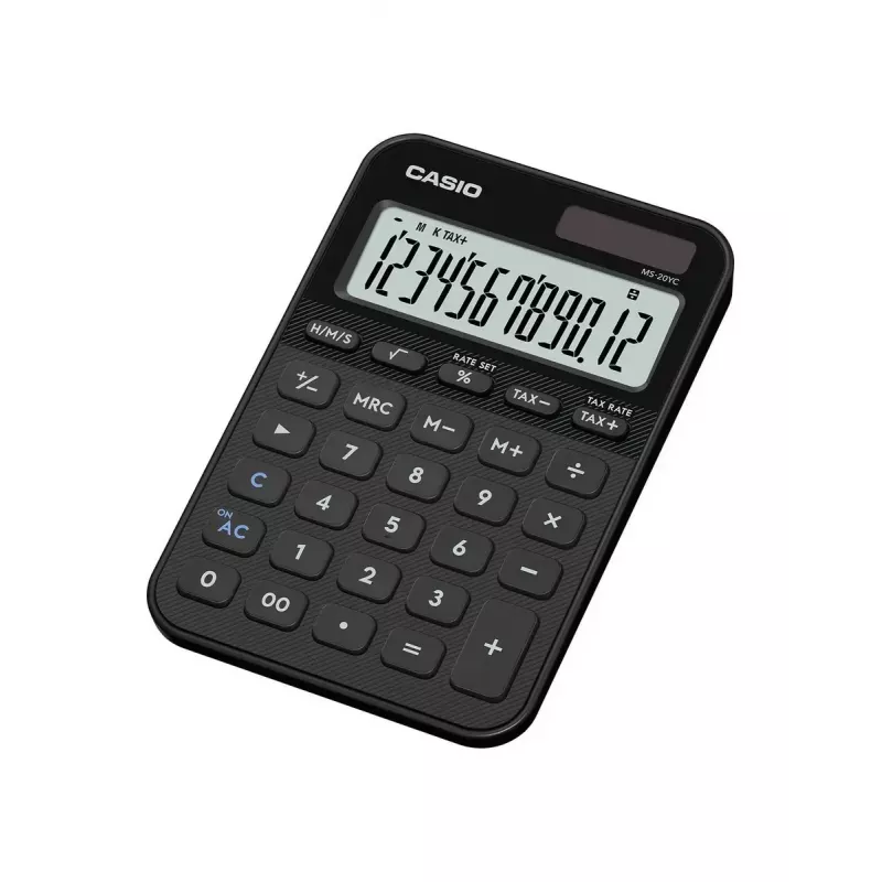Stalinis skaičiuotuvas CASIO MS-20YC – pagrindinis modelis, baterija/saulė, mokesčių ir pelno skaičiavimai, juodas